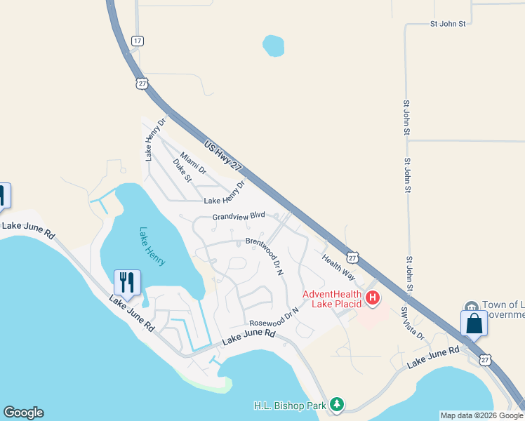 map of restaurants, bars, coffee shops, grocery stores, and more near 53 Grandview Boulevard in Lake Placid
