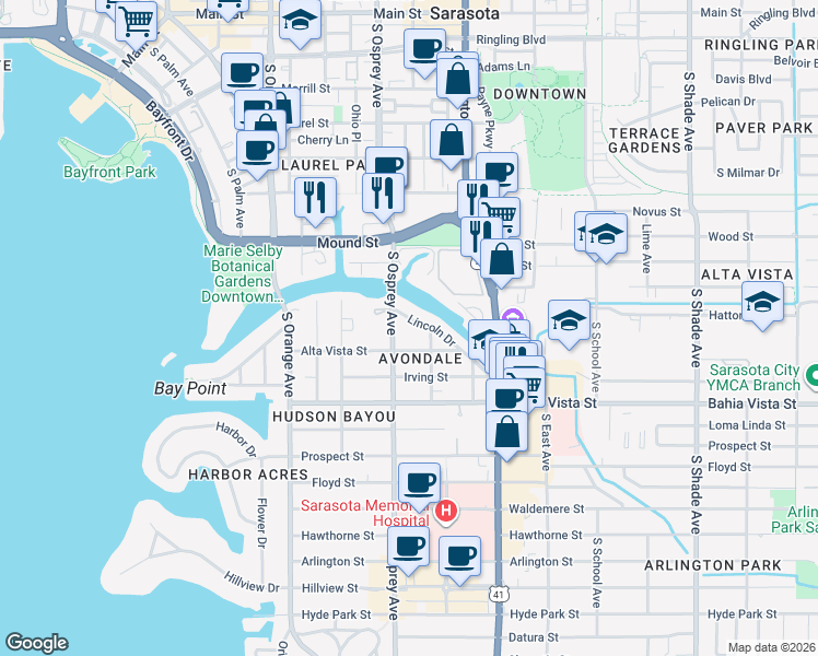 map of restaurants, bars, coffee shops, grocery stores, and more near 1830 Lincoln Drive in Sarasota