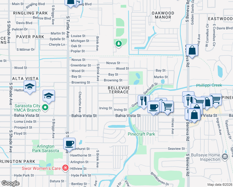 map of restaurants, bars, coffee shops, grocery stores, and more near 3120 Hatton Street in Sarasota