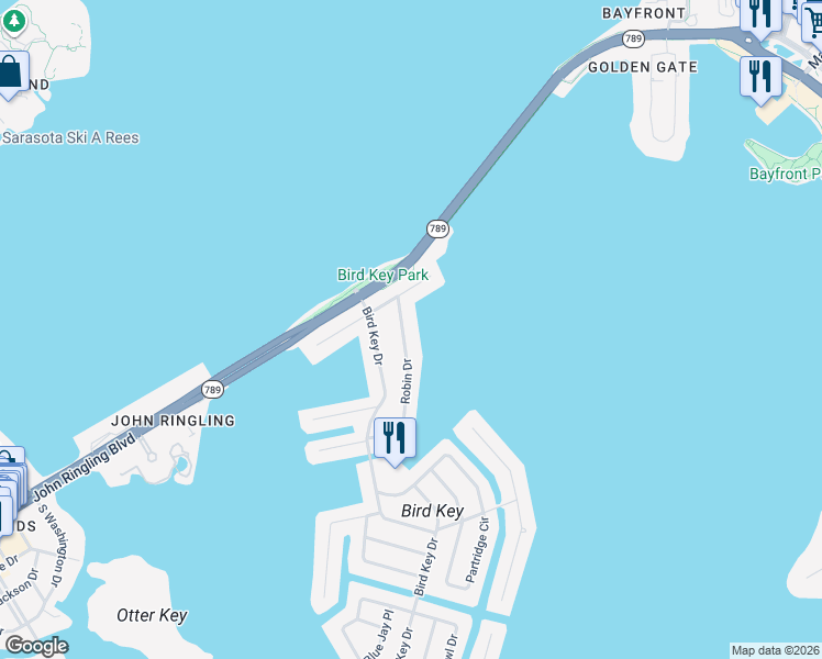 map of restaurants, bars, coffee shops, grocery stores, and more near 215 Robin Drive in Sarasota