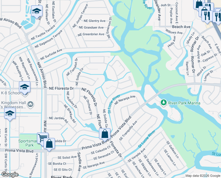 map of restaurants, bars, coffee shops, grocery stores, and more near 362 Northeast Brasher Court in Port St. Lucie