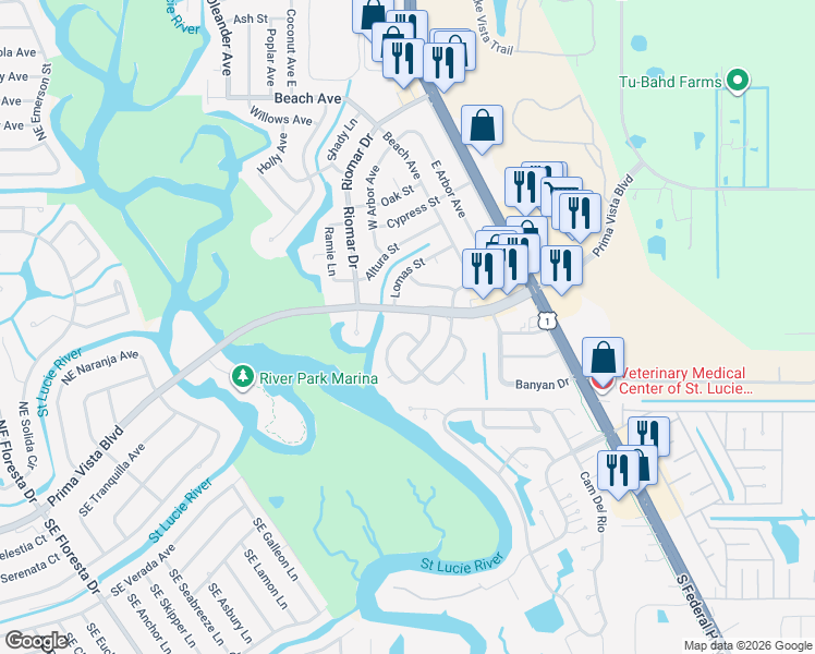 map of restaurants, bars, coffee shops, grocery stores, and more near 222 Southeast Camino Street in Port St. Lucie