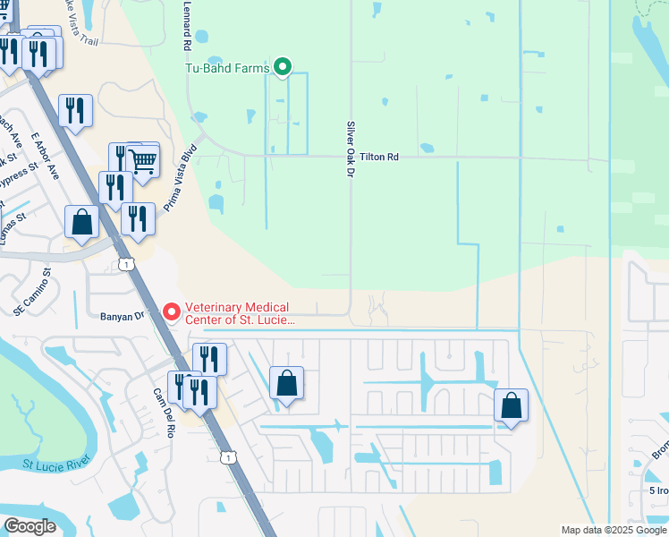map of restaurants, bars, coffee shops, grocery stores, and more near 7701 Silver Oak Drive in Port St. Lucie
