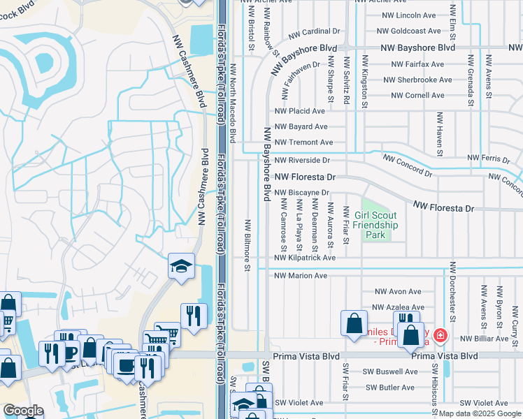 map of restaurants, bars, coffee shops, grocery stores, and more near 359 Northwest Bayshore Boulevard in Port St. Lucie