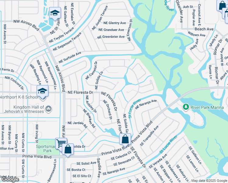 map of restaurants, bars, coffee shops, grocery stores, and more near 401 Northeast Redrock Court in Port Saint Lucie
