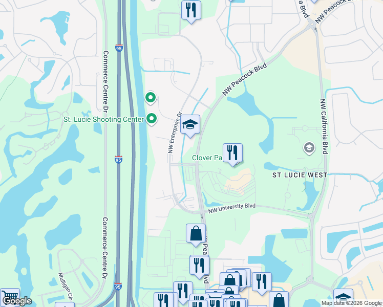 map of restaurants, bars, coffee shops, grocery stores, and more near 500 Northwest Peacock Boulevard in Port St. Lucie