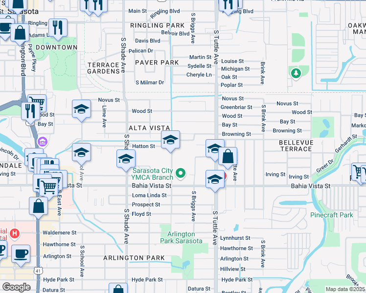 map of restaurants, bars, coffee shops, grocery stores, and more near 2600 Courtland Street in Sarasota