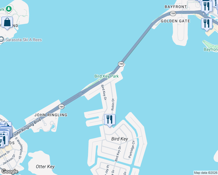 map of restaurants, bars, coffee shops, grocery stores, and more near 215 Robin Drive in Sarasota