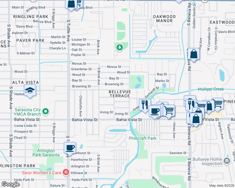map of restaurants, bars, coffee shops, grocery stores, and more near 3120 Hatton Street in Sarasota
