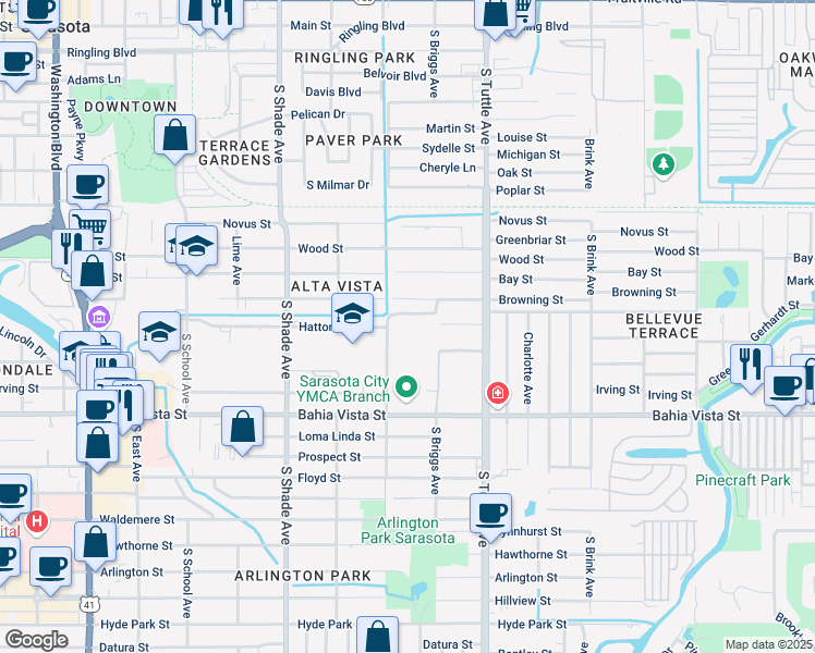 map of restaurants, bars, coffee shops, grocery stores, and more near 2600 Courtland Street in Sarasota