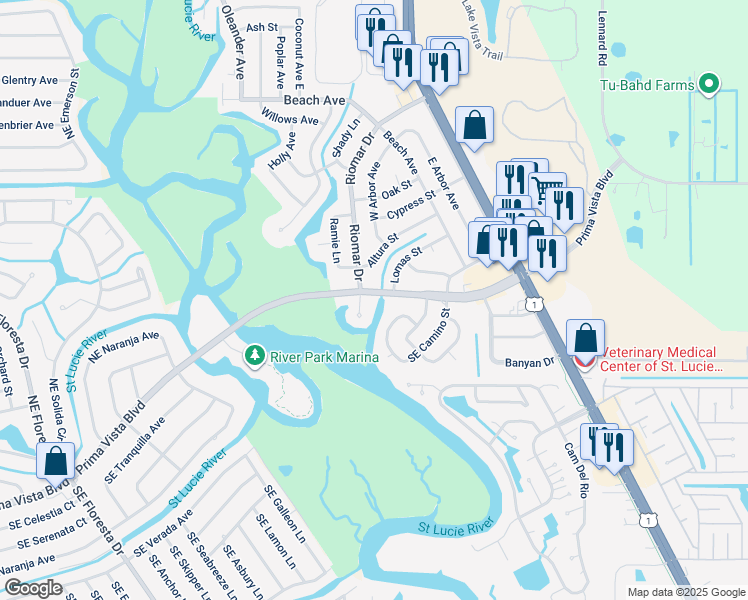 map of restaurants, bars, coffee shops, grocery stores, and more near 108 Riomar Court in Port St. Lucie