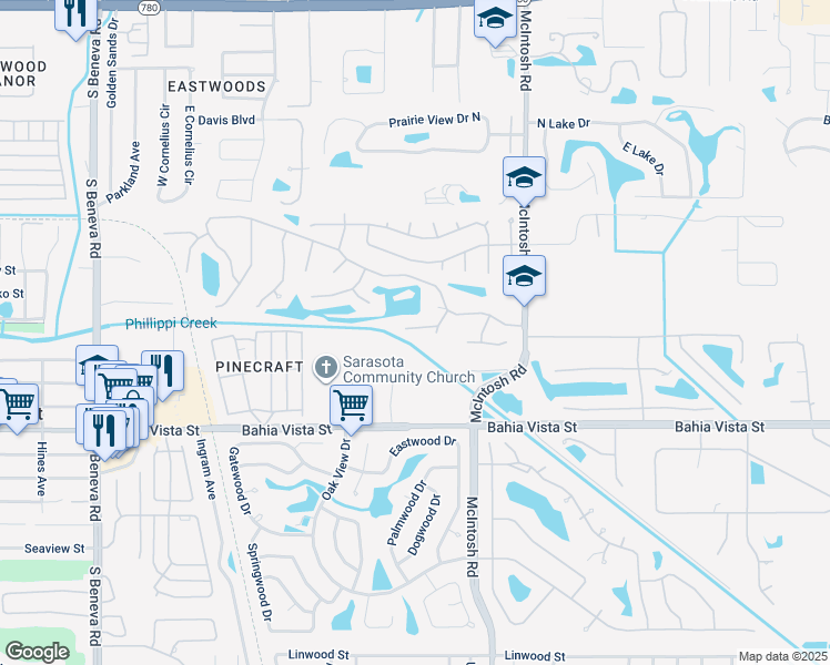 map of restaurants, bars, coffee shops, grocery stores, and more near 1049 Bahia Vista Court in Sarasota