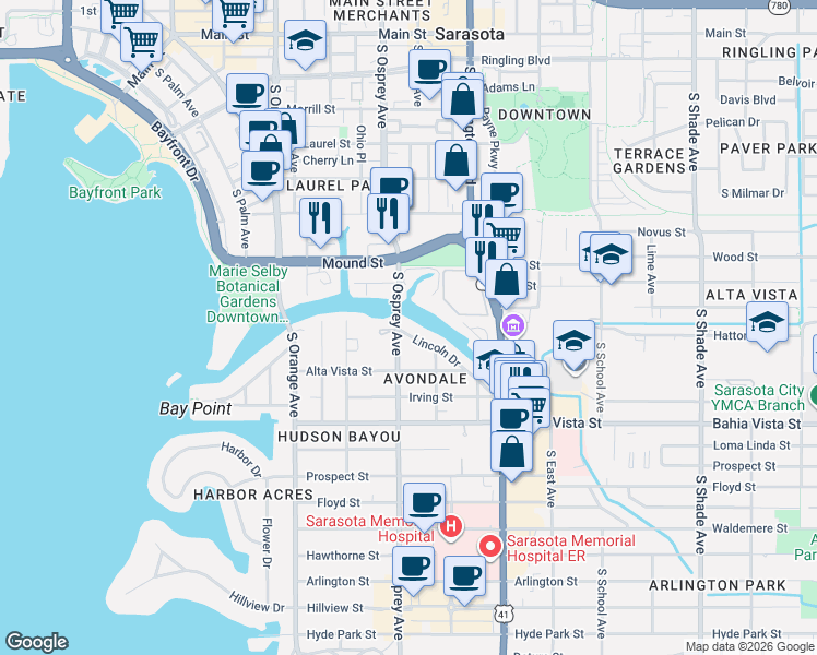 map of restaurants, bars, coffee shops, grocery stores, and more near 1846 Lincoln Drive in Sarasota