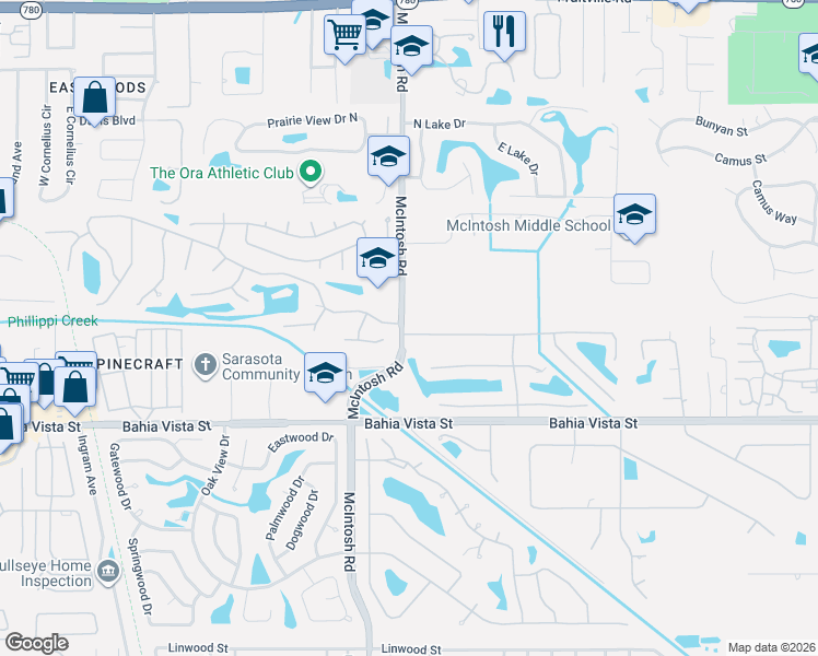 map of restaurants, bars, coffee shops, grocery stores, and more near 4401 Little John Trail in Sarasota