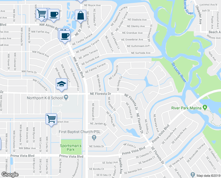 map of restaurants, bars, coffee shops, grocery stores, and more near 320 Northeast Camelot Drive in Port Saint Lucie