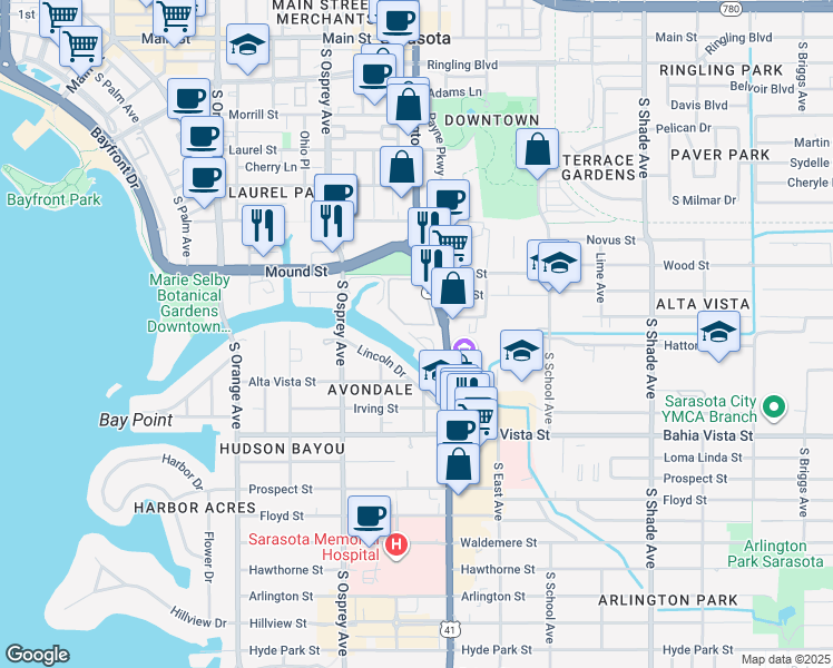 map of restaurants, bars, coffee shops, grocery stores, and more near 850 South Tamiami Trail in Sarasota