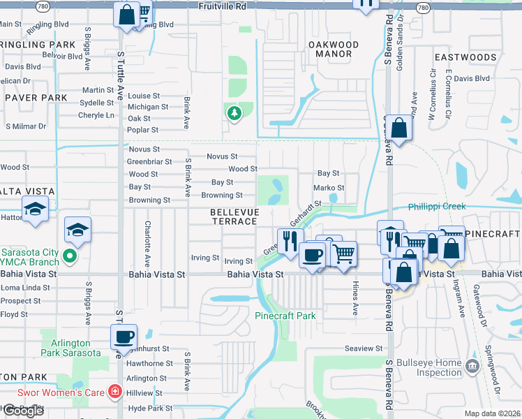 map of restaurants, bars, coffee shops, grocery stores, and more near 3190 Browning Street in Sarasota