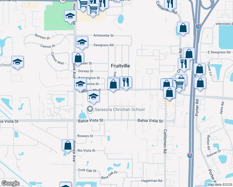 map of restaurants, bars, coffee shops, grocery stores, and more near 5538 Palmer Boulevard in Sarasota