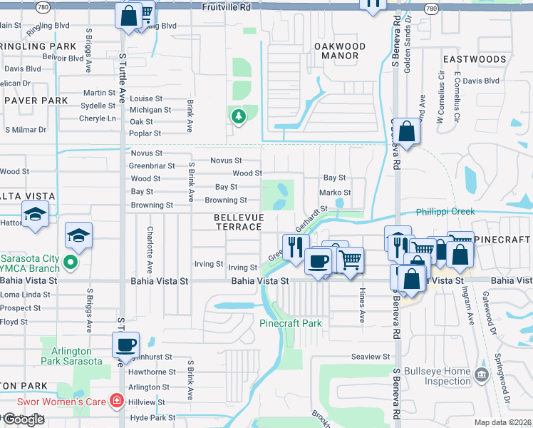 map of restaurants, bars, coffee shops, grocery stores, and more near 3190 Browning Street in Sarasota