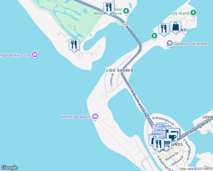 map of restaurants, bars, coffee shops, grocery stores, and more near 1160 Center Place in Sarasota