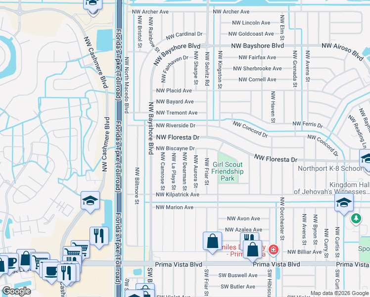 map of restaurants, bars, coffee shops, grocery stores, and more near 721 Northwest Biscayne Drive in Port St. Lucie