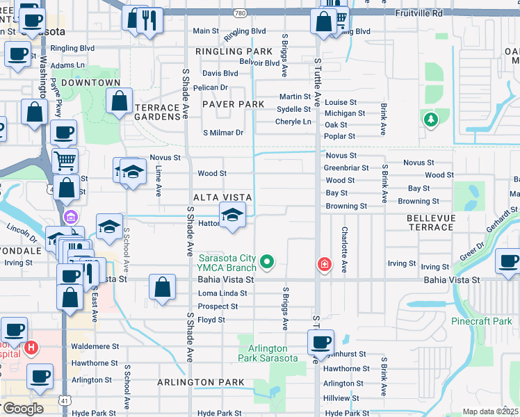 map of restaurants, bars, coffee shops, grocery stores, and more near 2608 Browning Street in Sarasota