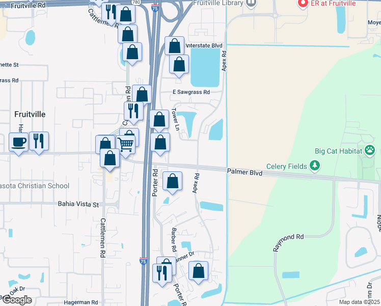 map of restaurants, bars, coffee shops, grocery stores, and more near 840 Apex Road in Sarasota