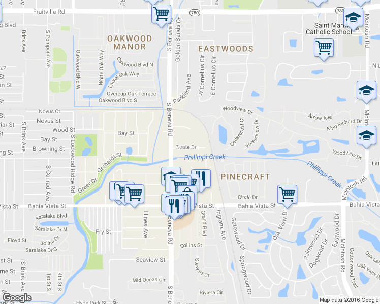 map of restaurants, bars, coffee shops, grocery stores, and more near 3700 Teate Drive in Sarasota