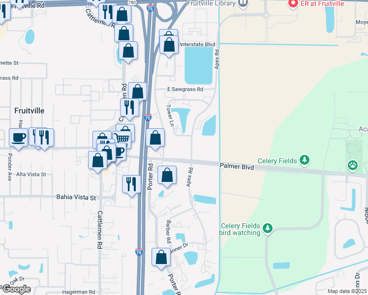 map of restaurants, bars, coffee shops, grocery stores, and more near 840 Apex Road in Sarasota