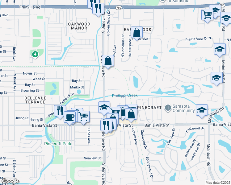 map of restaurants, bars, coffee shops, grocery stores, and more near 3700 Teate Drive in Sarasota