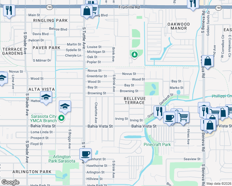 map of restaurants, bars, coffee shops, grocery stores, and more near 3036 Browning Street in Sarasota