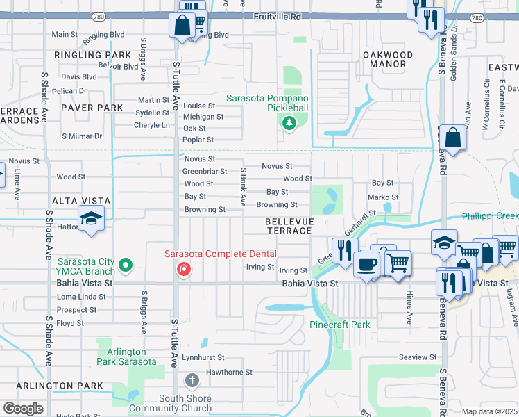 map of restaurants, bars, coffee shops, grocery stores, and more near 3036 Browning Street in Sarasota