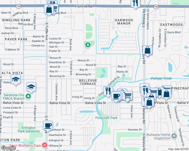 map of restaurants, bars, coffee shops, grocery stores, and more near 3190 Browning Street in Sarasota