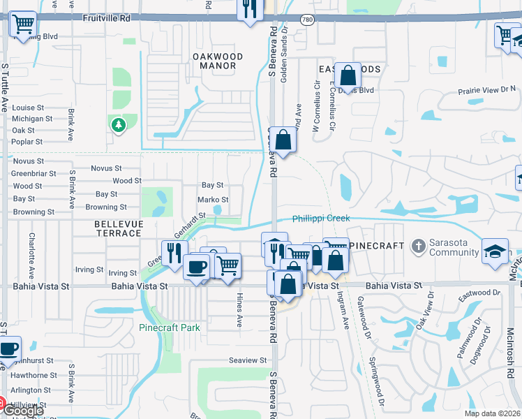 map of restaurants, bars, coffee shops, grocery stores, and more near 860 South Beneva Road in Sarasota
