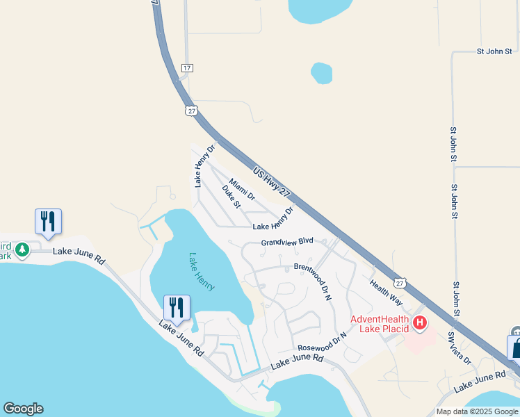 map of restaurants, bars, coffee shops, grocery stores, and more near 23 Miami Drive in Lake Placid