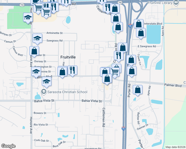 map of restaurants, bars, coffee shops, grocery stores, and more near in Fruitville