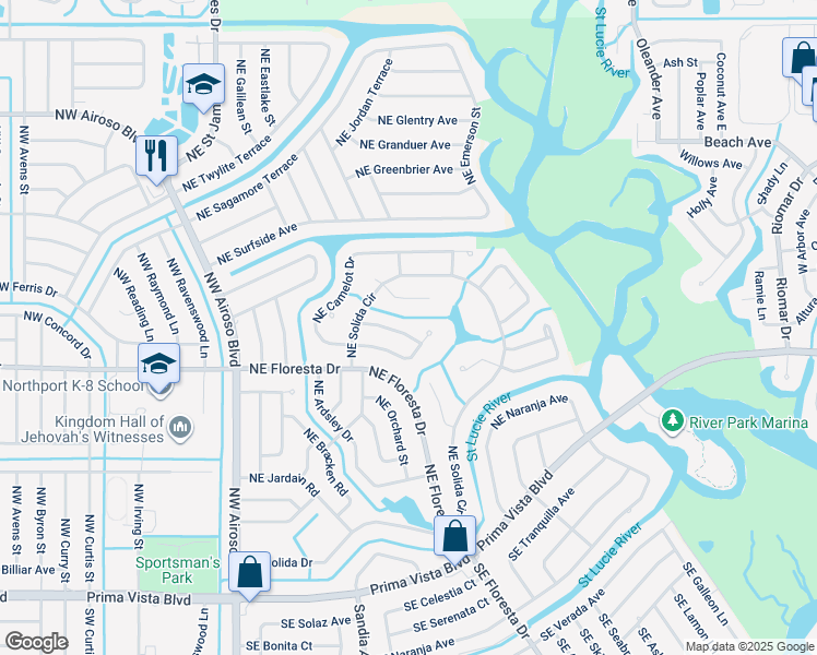 map of restaurants, bars, coffee shops, grocery stores, and more near 271 Northeast Faring Avenue in Port St. Lucie