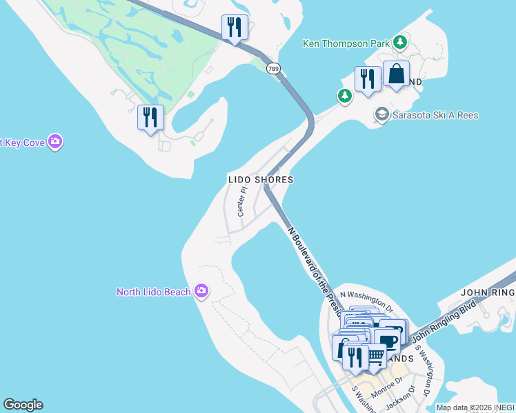 map of restaurants, bars, coffee shops, grocery stores, and more near 1134 Morningside Place in Sarasota