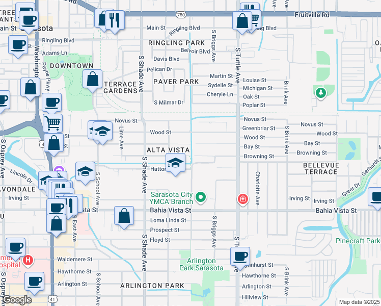 map of restaurants, bars, coffee shops, grocery stores, and more near 2593 Browning Street in Sarasota