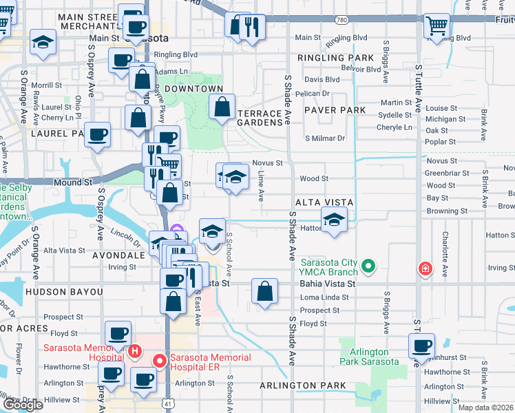 map of restaurants, bars, coffee shops, grocery stores, and more near 2285 Browning Street in Sarasota