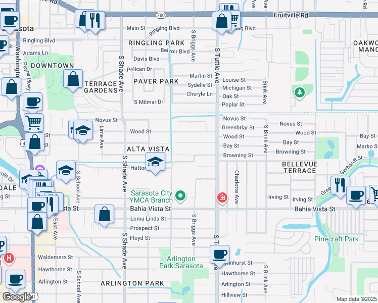 map of restaurants, bars, coffee shops, grocery stores, and more near 2669 Browning Street in Sarasota