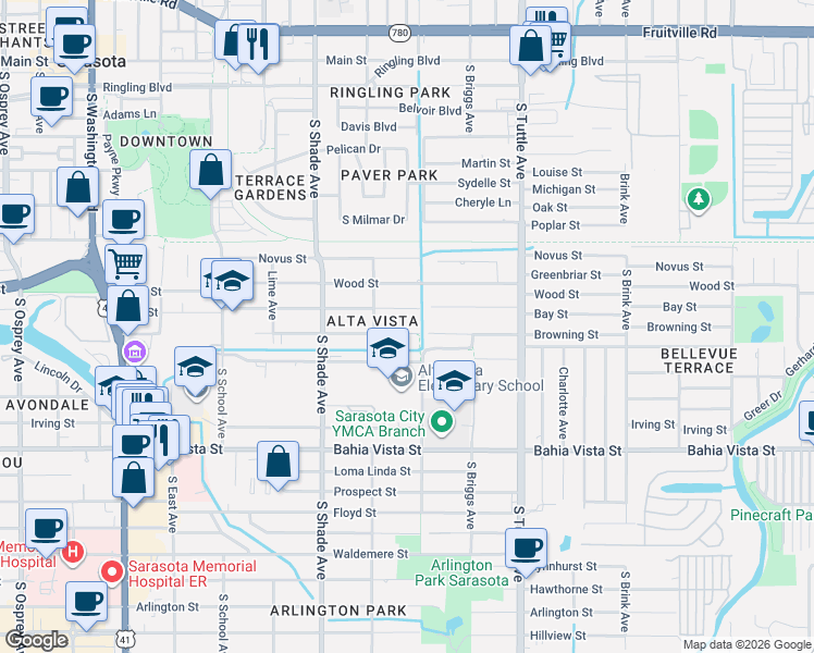 map of restaurants, bars, coffee shops, grocery stores, and more near 2593 Browning Street in Sarasota