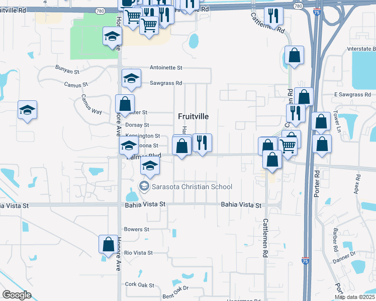 map of restaurants, bars, coffee shops, grocery stores, and more near 5527 Palmer Boulevard in Sarasota