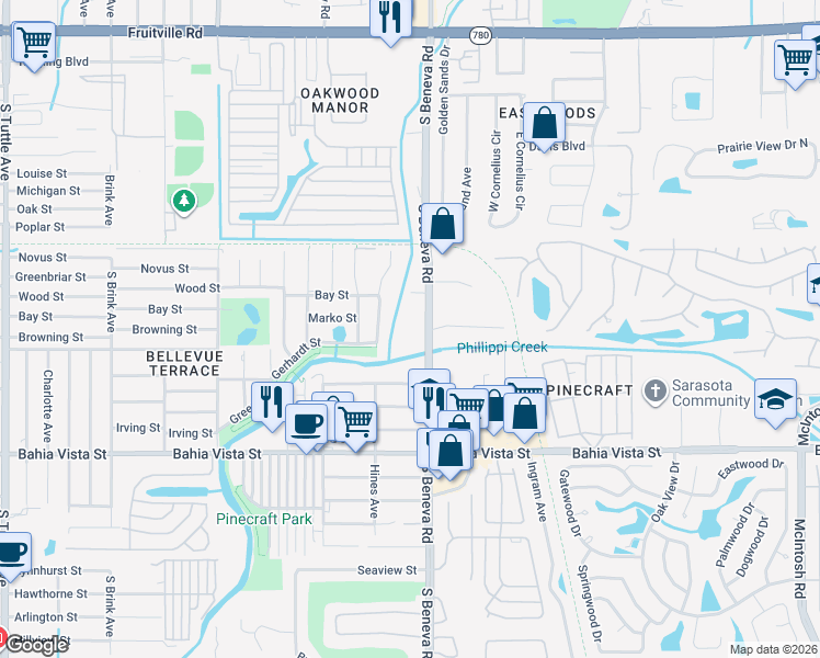 map of restaurants, bars, coffee shops, grocery stores, and more near 860 South Beneva Road in Sarasota