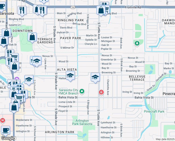 map of restaurants, bars, coffee shops, grocery stores, and more near 2669 Browning Street in Sarasota