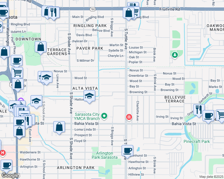 map of restaurants, bars, coffee shops, grocery stores, and more near 2669 Browning Street in Sarasota