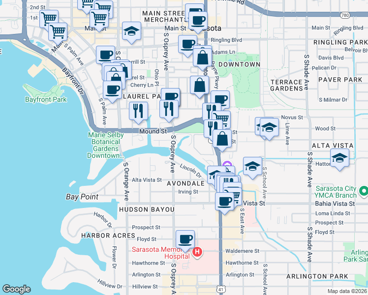 map of restaurants, bars, coffee shops, grocery stores, and more near 835 South Osprey Avenue in Sarasota