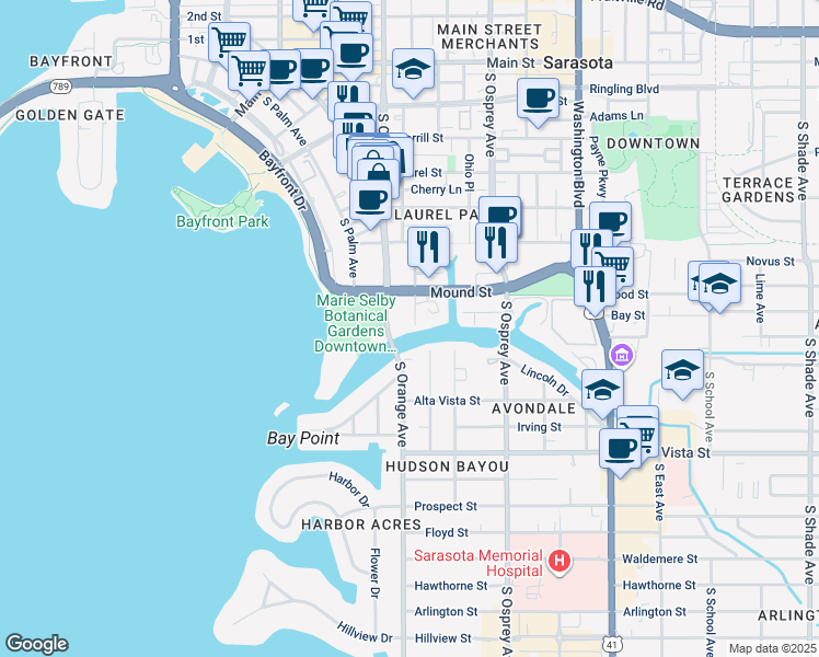 map of restaurants, bars, coffee shops, grocery stores, and more near 860 Hudson Avenue in Sarasota