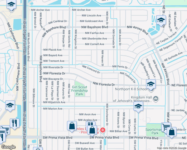 map of restaurants, bars, coffee shops, grocery stores, and more near 521 Northwest Riverside Drive in Port St. Lucie