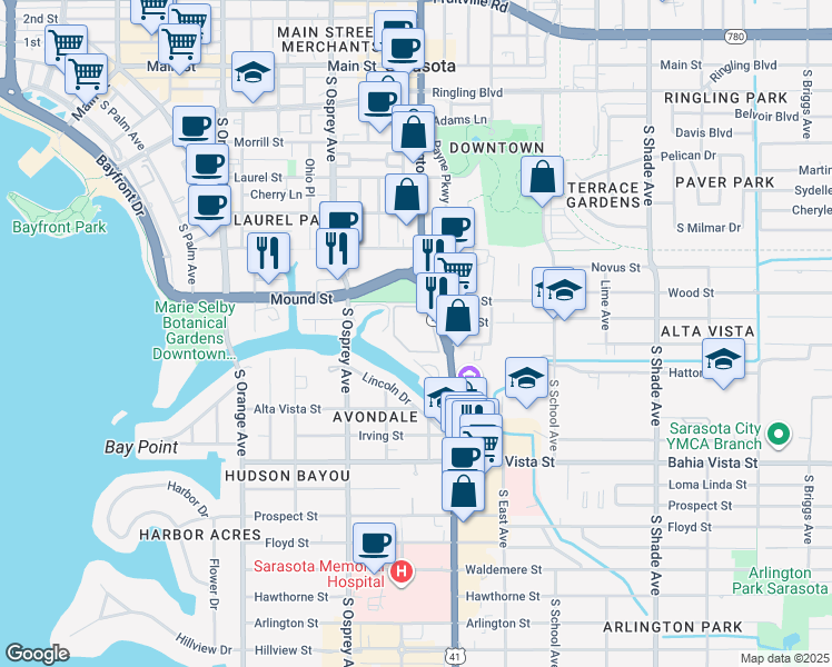 map of restaurants, bars, coffee shops, grocery stores, and more near 850 South Tamiami Trail in Sarasota